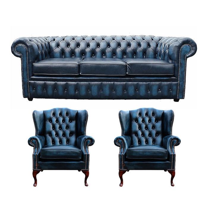 Premium Chesterfield Sofa Set 3-Seater + 2x Wing Chair Upholstered Faux Leather Blue Couches New