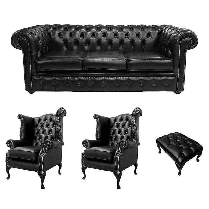 Chesterfield Sofa Set 3-Seater + 2x Wing Chair + Stool Black Faux Leather Upholstered Couches New