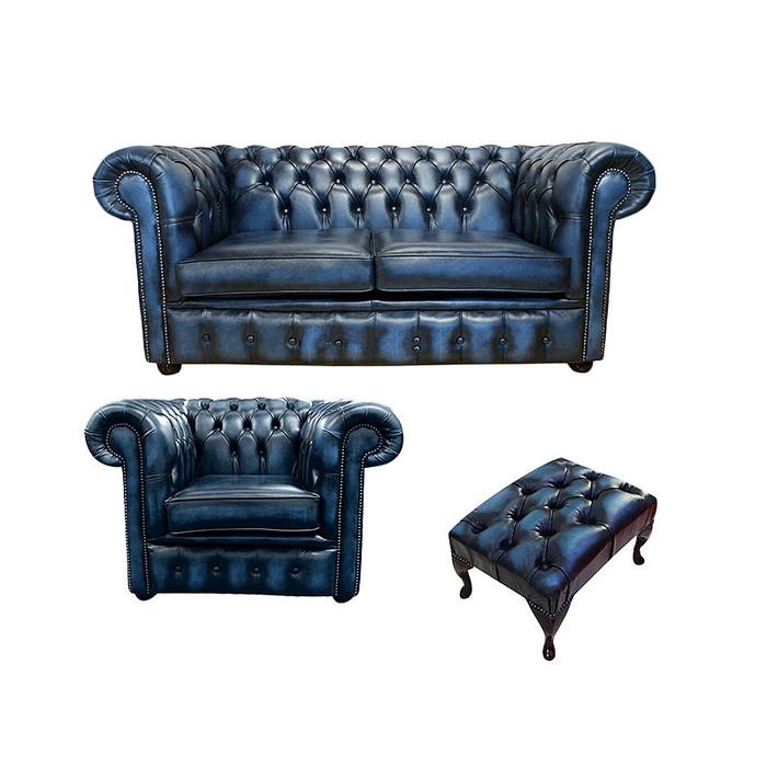 Chesterfield Sofa Set 2+1 Seaters + Stool Blue Faux Leather Upholstered Living Room Couches New