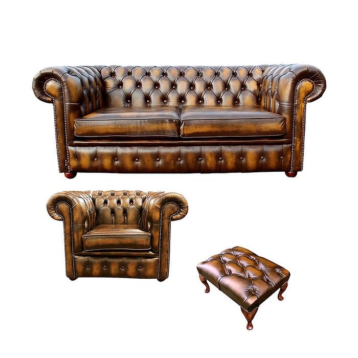 Chesterfield Sofa Set 2+1 Seaters + Footstool Classic Brown Faux Leather Couches New