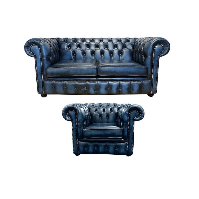 Chesterfield Sofa Set 2+1 Seaters Blue Faux Leather Comfy Living Room Couches New