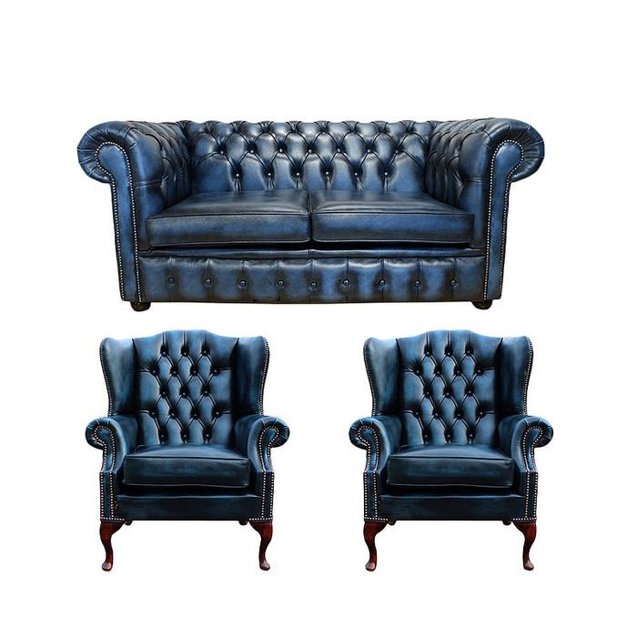 Chesterfield 3-Piece Sofa Set 2-Seater + 2x Wing Chairs Classic Blue Faux Leather Couches New