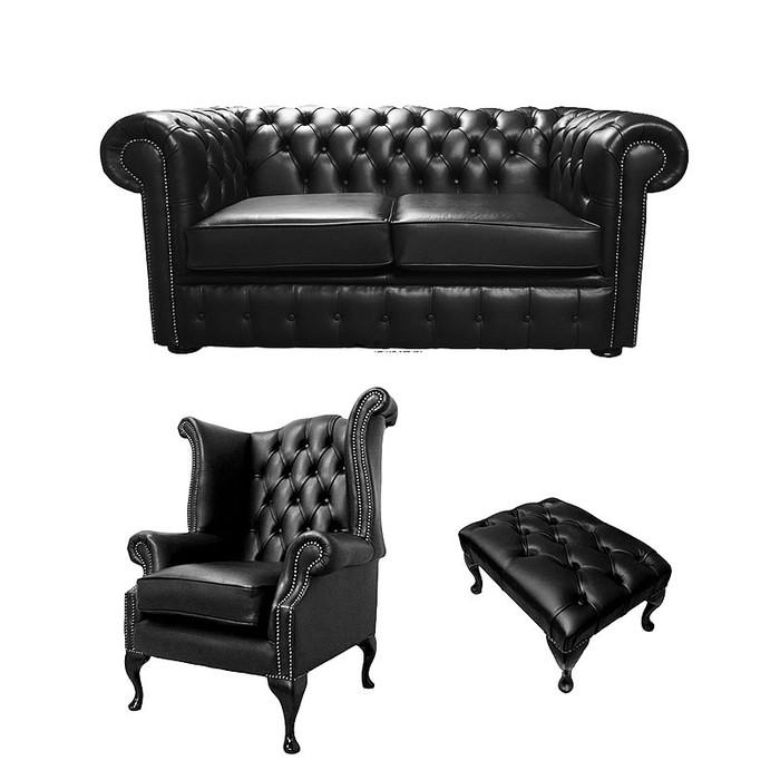 Luxurious Chesterfield Sofa Set 2-Seater + Wing Chair + Stool Black Faux Leather Upholstered Amazing Set