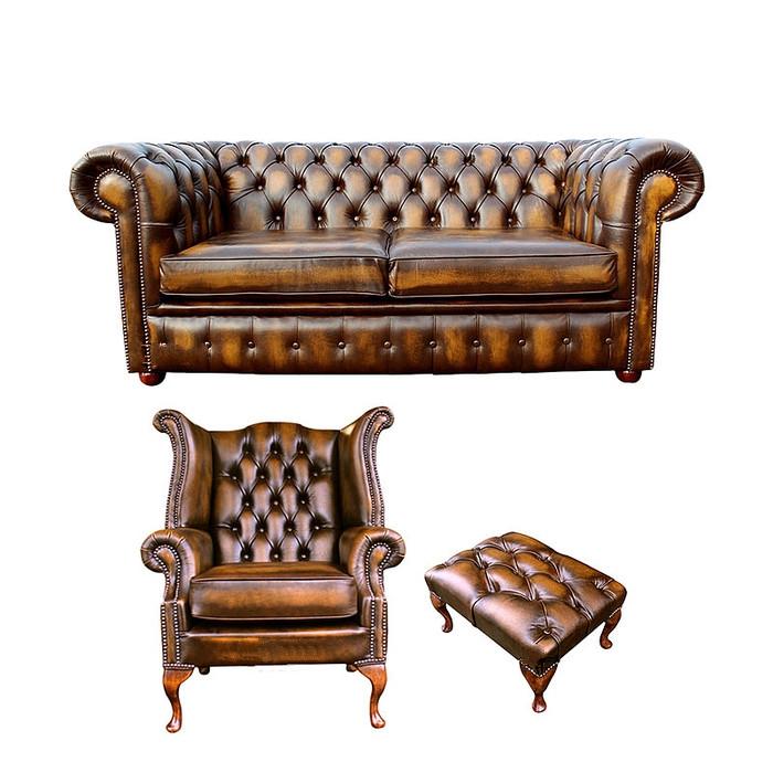 Classic Chesterfield Sofa Set 2-Seater + Wing Chair + Stool Brown Faux Leather Couches Amazing Comfort New