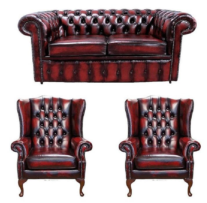 Classic Chesterfield Sofa Set 2-Seater + 2x Wing Chairs Red Faux Leather Luxurious Couches New