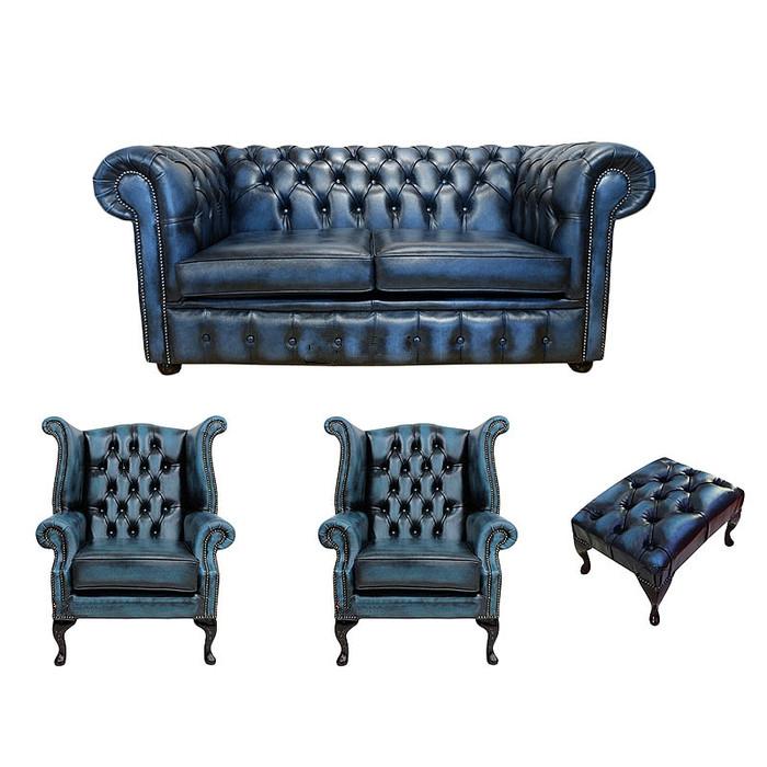 Chesterfield Classic Sofa Set 2-Seater + 2x Wing Chairs + Stool Royal Blue Faux Leather Comfortable Couches New