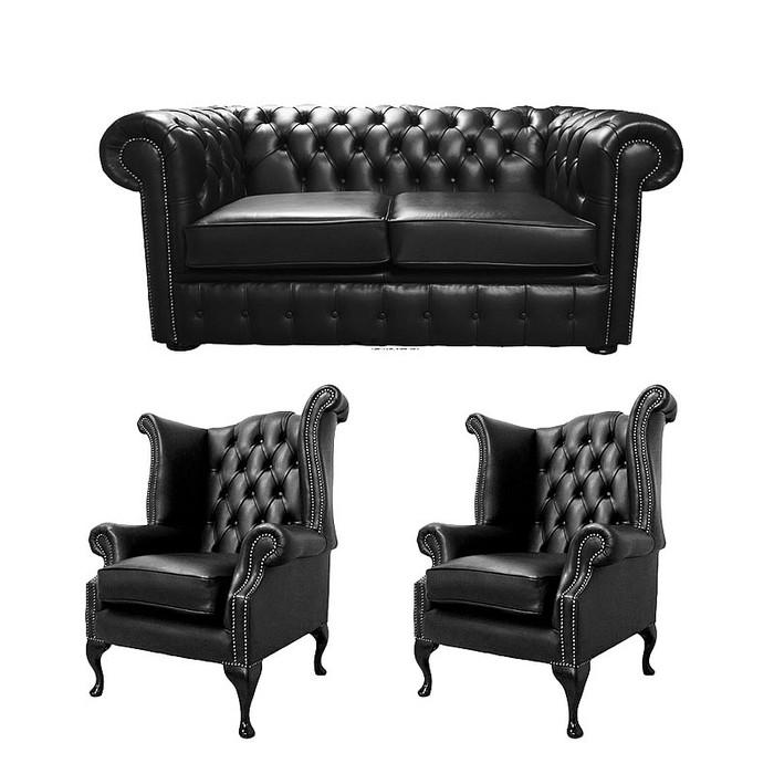 Chesterfield Sofa Set 2-Seaters + 2x Wing Chair Black Faux Leather Comfortable Couches New