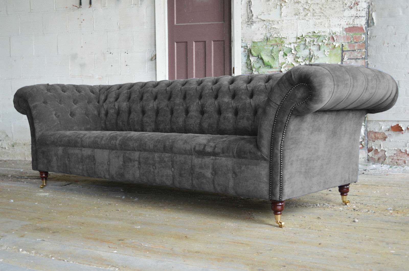 Chesterfield XXL Big Sofa 4-Seater Grey Textile Upholstered Comfortable With Casters New