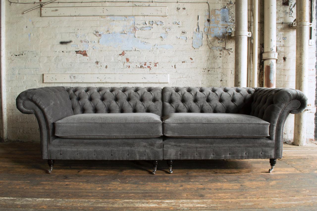 Chesterfield Sofa XXL 4-Seater With Soft Pads Grey Textile Fabric Comfortable Couch New