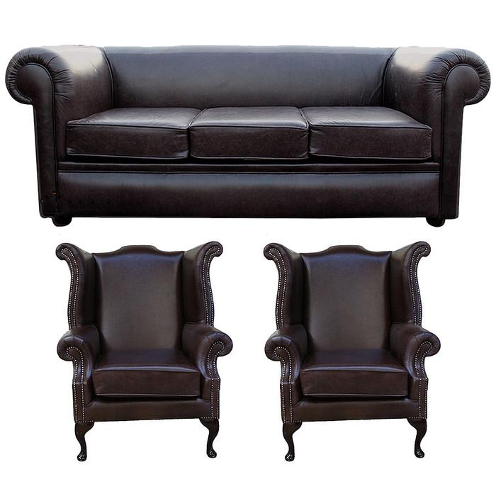 Chesterfield Sofa Set 3-Seater + 2x Wing Chairs Brown Rustic Style Couches Faux Leather New