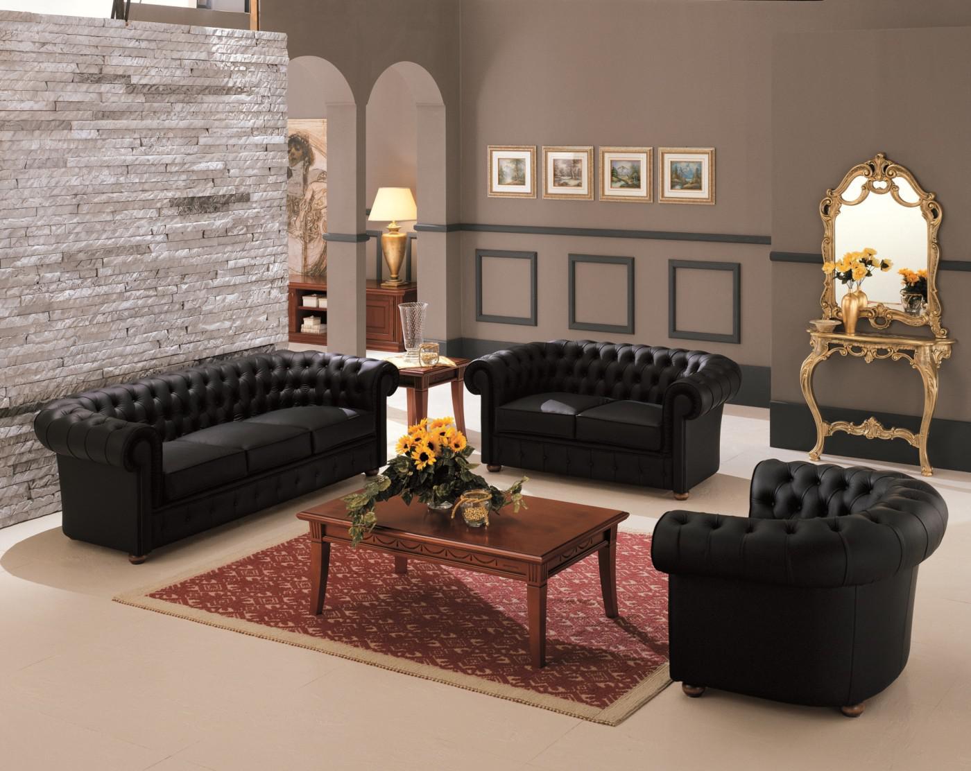 High-quality Chesterfield Sofa Set 3+2+1 Seaters Black Faux Leather Classic Comfortable Couches New