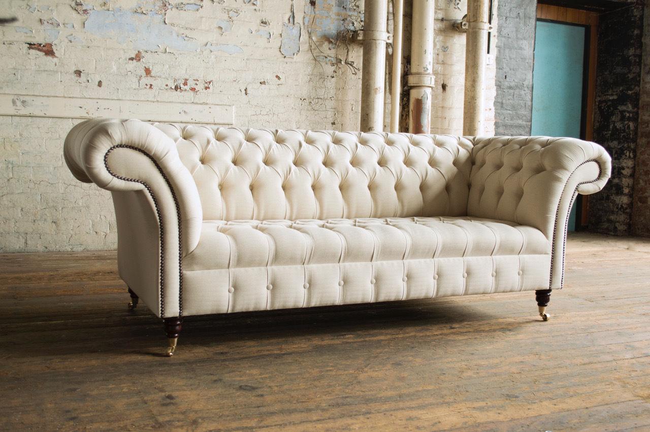 Chesterfield Sofa 3-Seater Classic Design White Beige Textile Comfortable Couch on Castors New