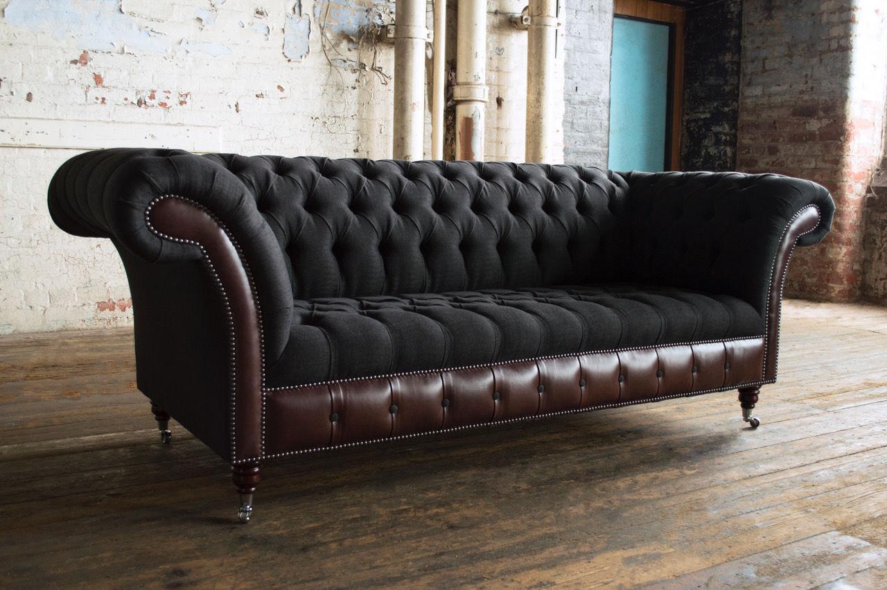 Classic Chesterfield Sofa 3-Seater Black Textile + Leather Upholstery Comfortable Couch on Castors New