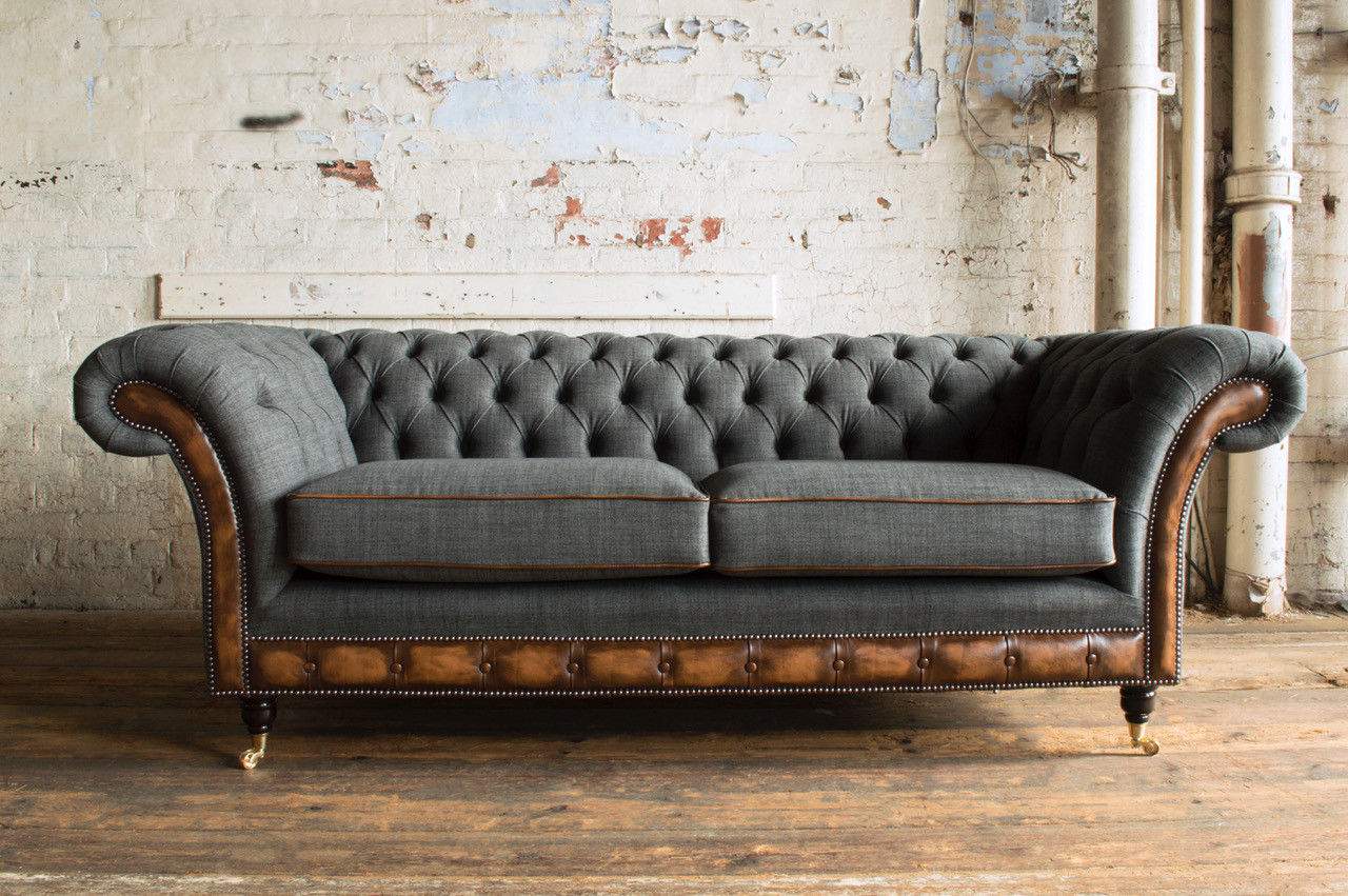 Chesterfield Sofa 3-Seater Textile + Leather Upholstery Grey Comfortable Couch on Castors New