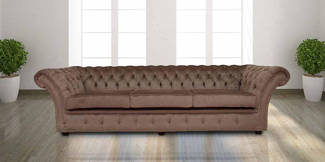 Chesterfield XXL Sofa 4-Seater Brown Textile Upholstered With Comfortable Cushions New