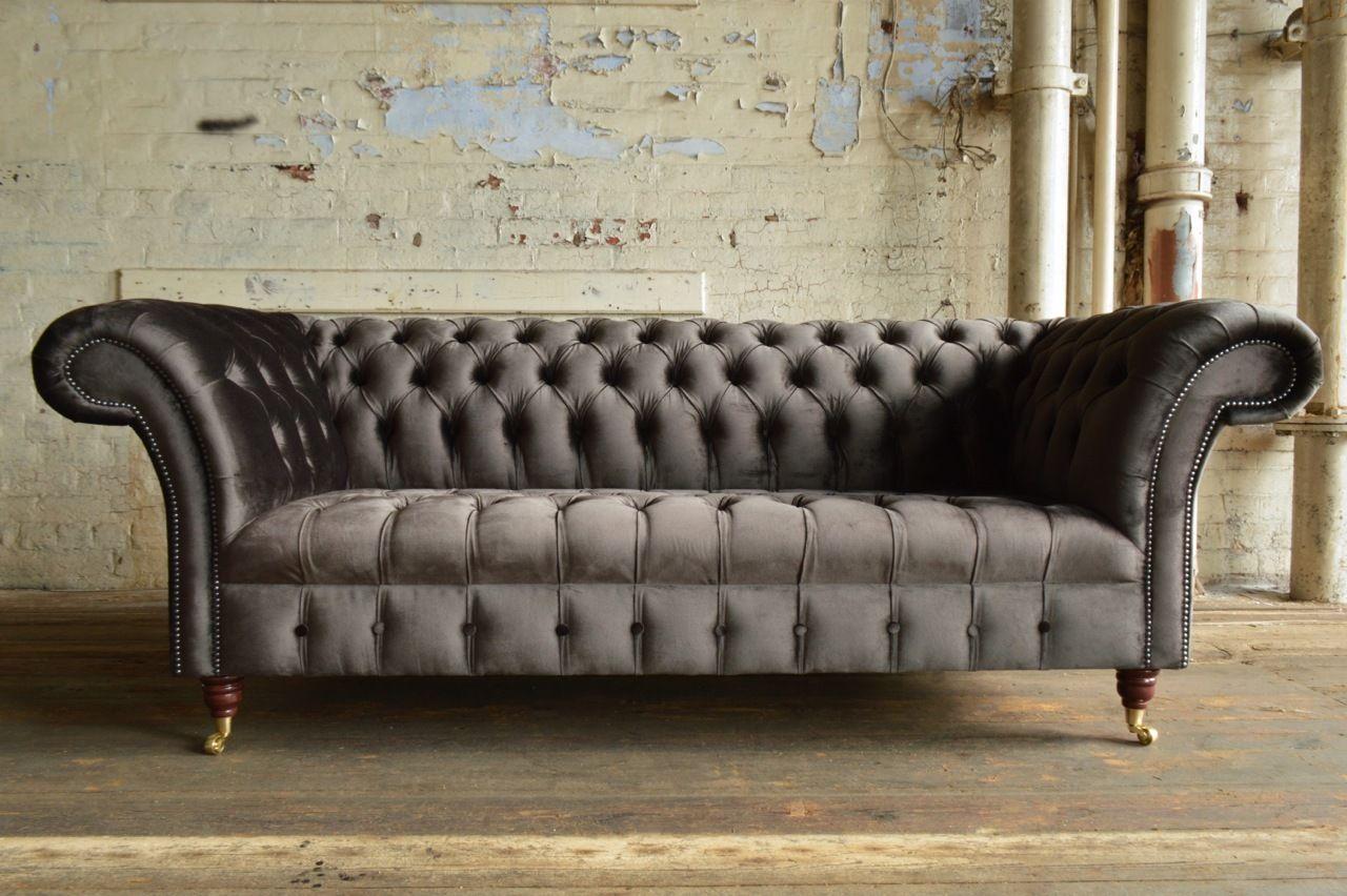 Chesterfield Sofa 3-Seater Dark Brown Textile Smooth Fabric Comfortable Couch on Casters New