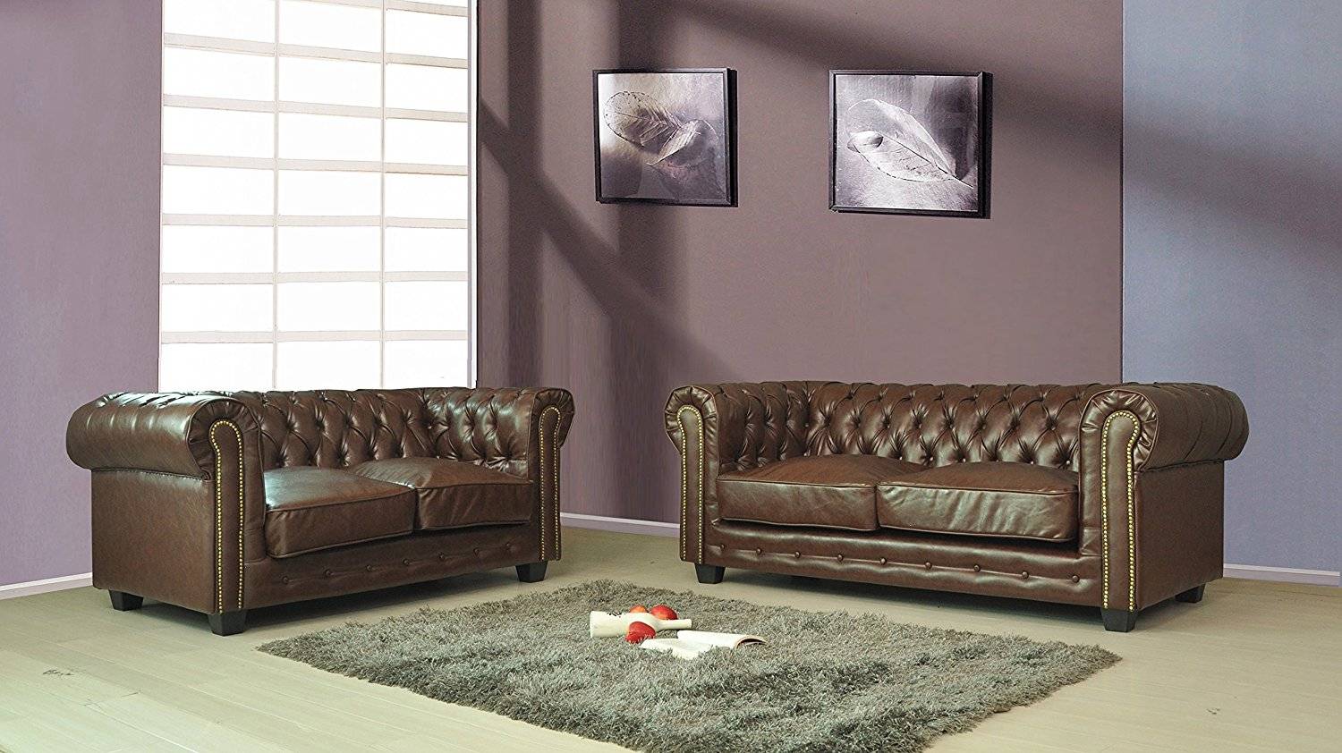 Sofa Set 3+2 Seaters Chesterfield With Buttons Faux Leather Chocolate Brown Upholstery New