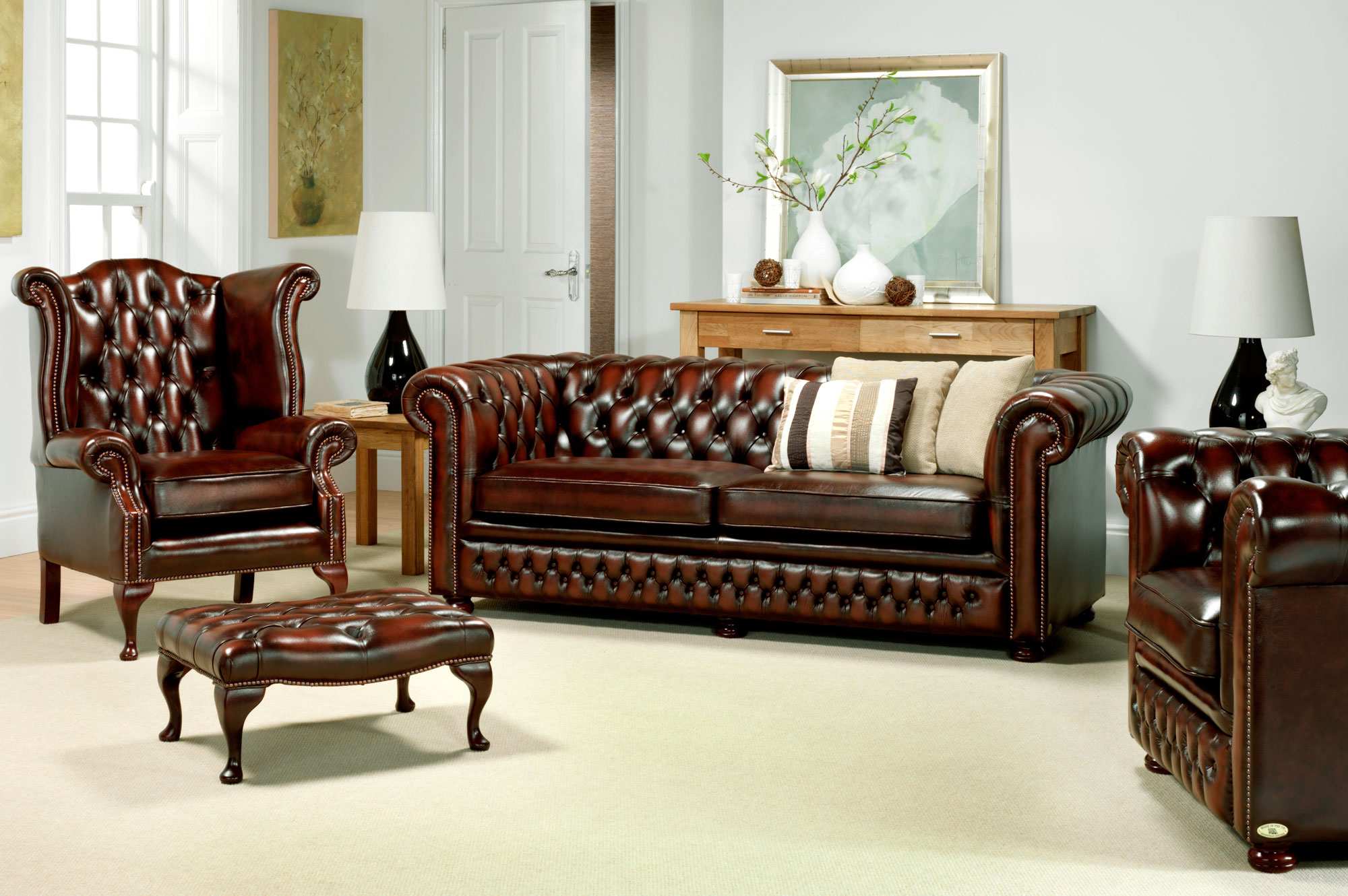 Chesterfield Sofa Set 3+1 Seaters + Wing Back Chair + Stool Brown Leather Comfortable Furniture New