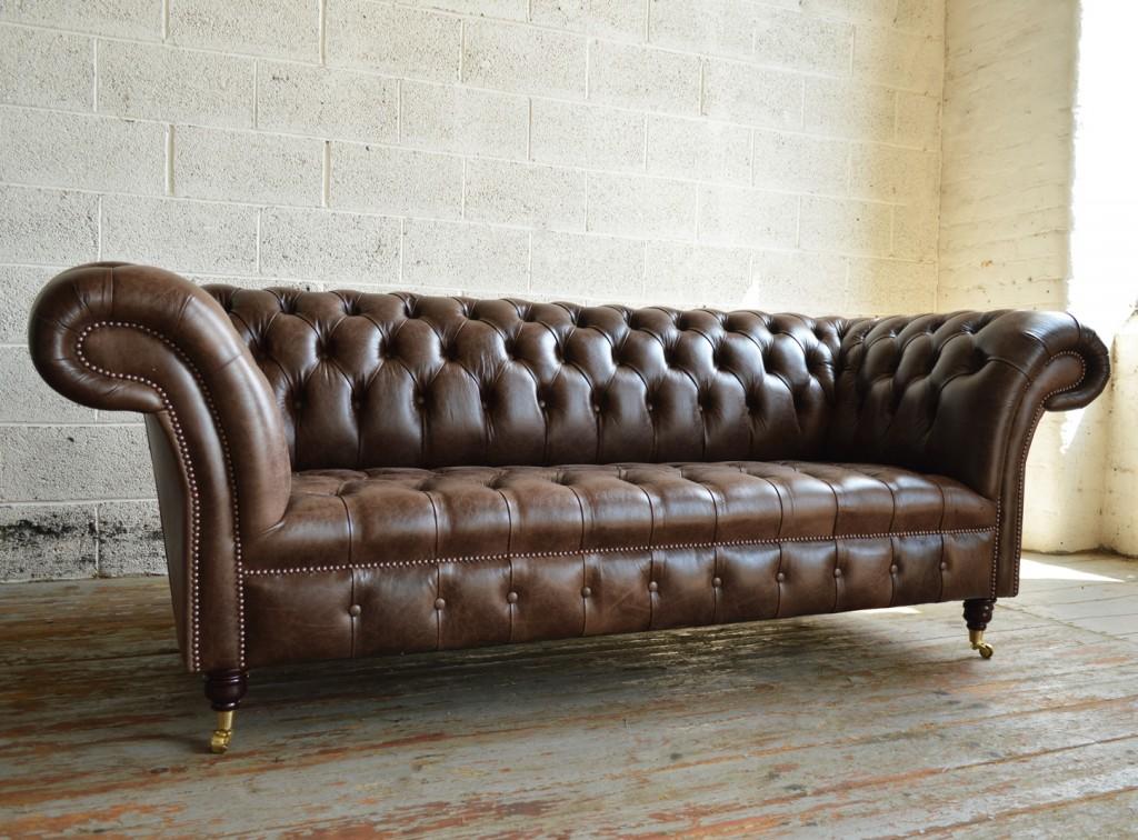 Chesterfield Sofa 3-Seater Brown Faux Leather Covered Couch on Castors Amazing Living Room Sofa