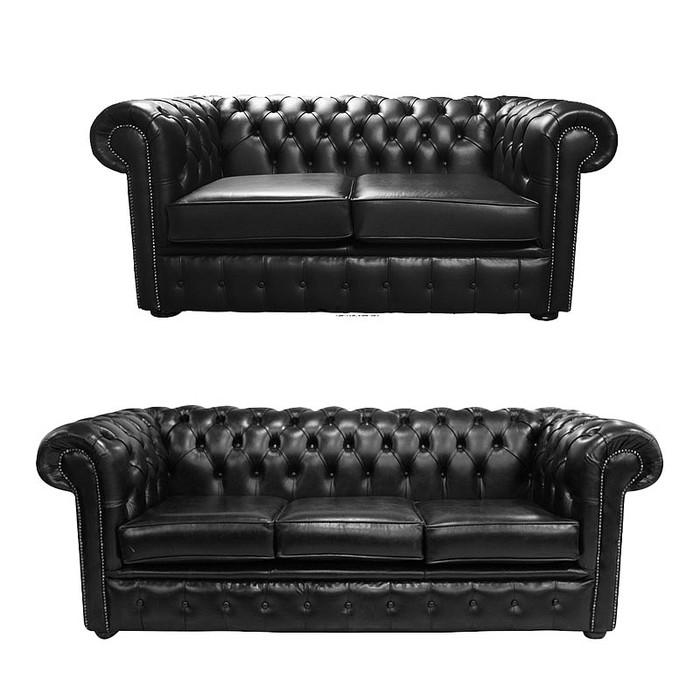 Chesterfield Sofa Set 3+2 Seaters Black Faux Leather Luxurious Classic Style Comfortable
