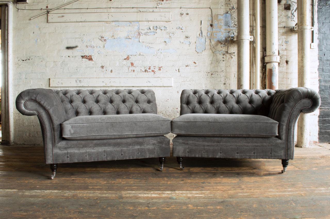 Chesterfield Sofa XXL 4-Seater Grey Textile 2-Parts Couch Comfortable Sofa on Casters New