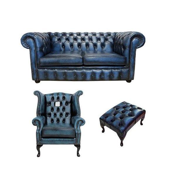 Chesterfield Sofa Set 2-Seater + Wing Chair + Stool Blue Faux Leather Upholstery With Buttons Comfortable Couches