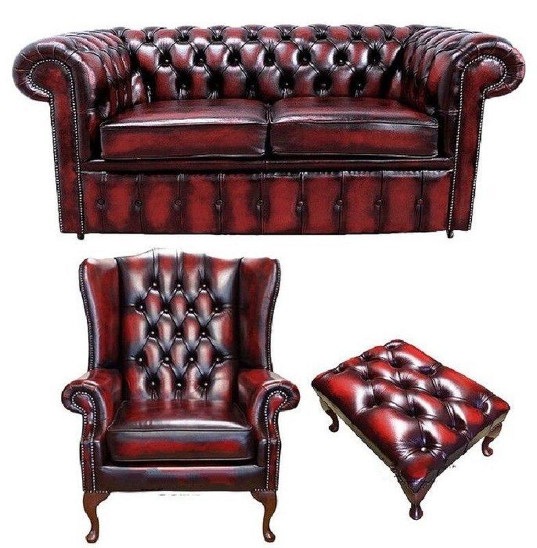 Chesterfield Elegant Sofa Set 2-Seater + Wing Chair + Footstool Red Faux Leather Couches New