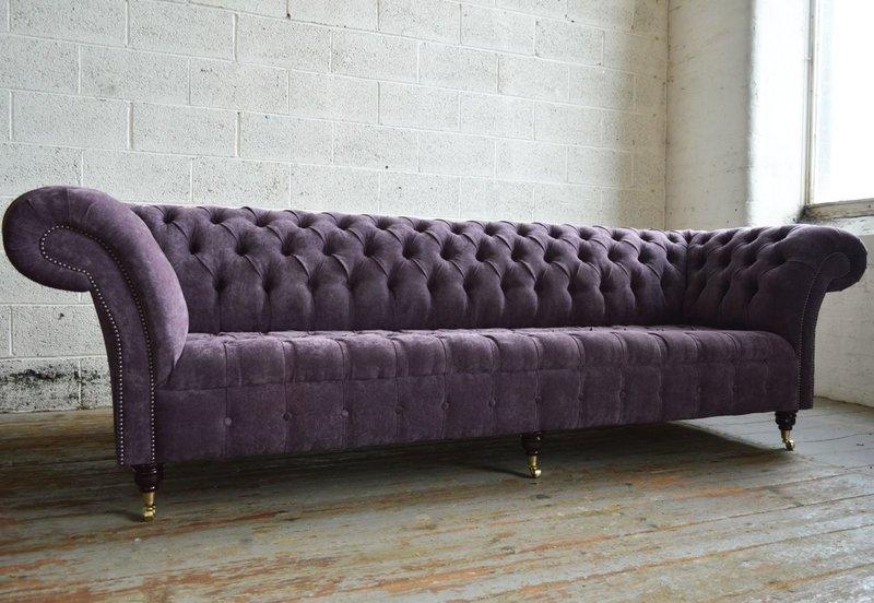 Big Chesterfield Sofa XXL 4-Seaters Purple Textile Upholstered Luxurious Design Comfortable on Casters New