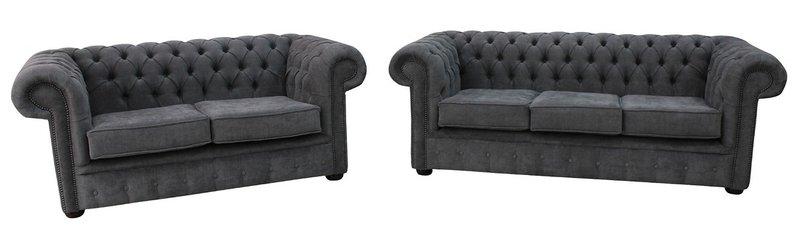 Chesterfield Sofa Set 3+2 Seaters Black Textile Upholstered Modern Comfortable Couches New