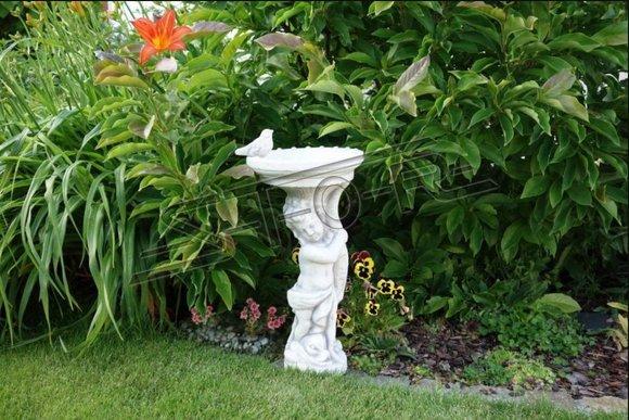 Bird bath decorative sculpture of a boy holding bowl figure made of weather-resistant cement