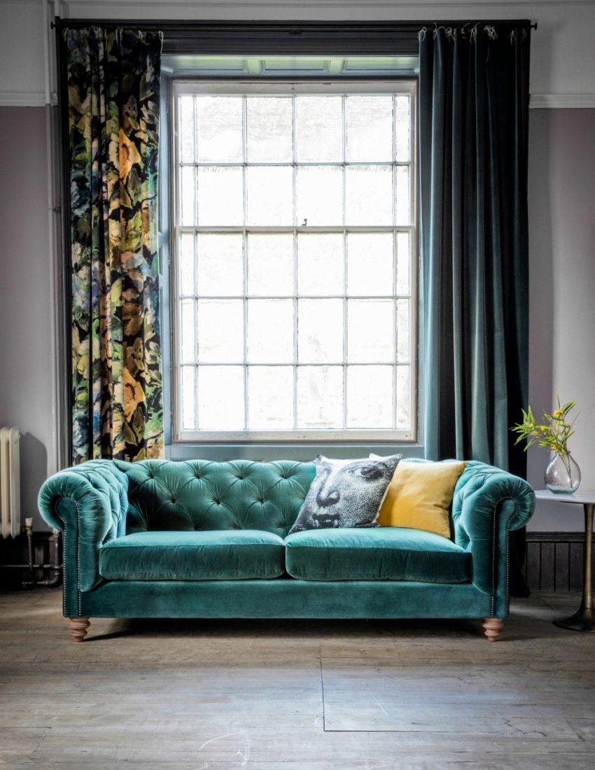 Design Chesterfield sofa set 3-seater turquoise fabric couch upholstery sofas new
