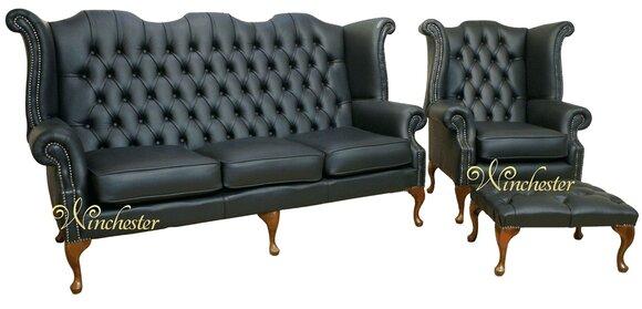 Black Chesterfield leather sofa couch upholstery set 3+1 seater wing chair + stool New