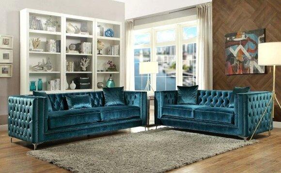 Chesterfield Duo Sofa Set 3+2 Seaters Upholstered Textile Blue Comfortable With Cushions New