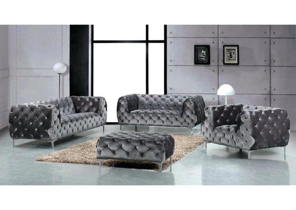 Chesterfield Complete Sofa Set 3+2+1 Seaters + Stool Grey Textile Upholstered Classic Couches New