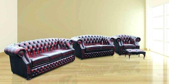 Chesterfield Sofa Set 3+2+1 Seaters + Stool Red Brown Faux Leather Comfortable Couch Set Oxford New