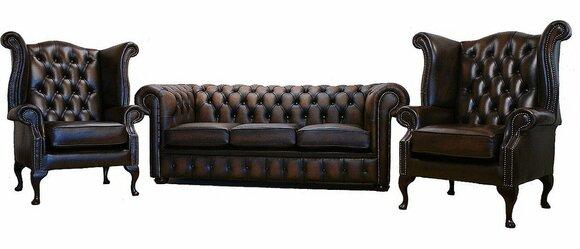 Chesterfield Sofa Set 3-Seater + 2x Wing Chair Brown Faux Leather Comfortable Cushions New