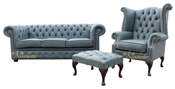 Chesterfield 3-Piece Sofa Set 3-Seater + Wing Armchair + Stool Faux Leather Faint Blue