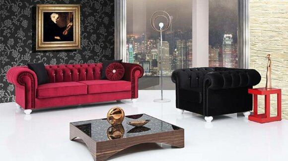 Chesterfield Classic Sofa Set 3+1 Seaters Textile Upholstered Red Black Living Room Couches New