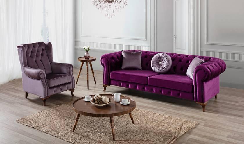 Chesterfield Sofa Set 3+1 Seaters Purple Couches Textile Fabric Cover New