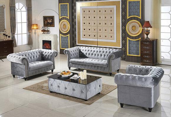 Premium Chesterfield Sofa Set 3+2+1 Seaters Upholstered Grey Textile Couches New