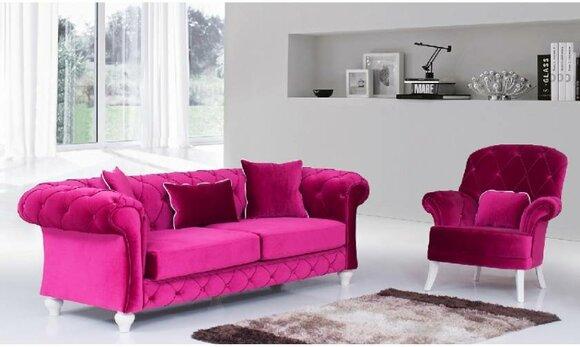 Chesterfield Sofa Set 3+1 Seaters Pink Textile Fabric Upholstery Rolled Armrest Comfortable Sofa With Cushions New
