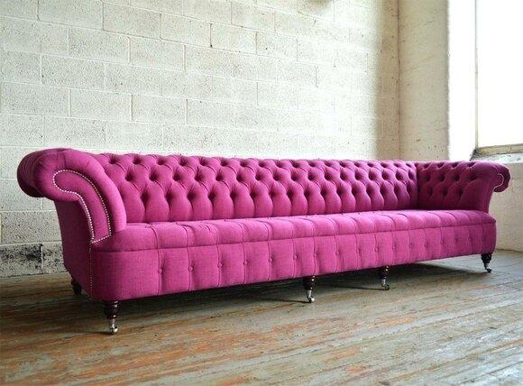 Chesterfield Sofa XXL 5-Seater Pink Textile Comfortable Couch On Casters New