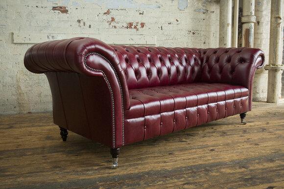 Chesterfield Sofa 3-Seater Red Premium Faux Leather Couch on Castors New Comfortable Sofa