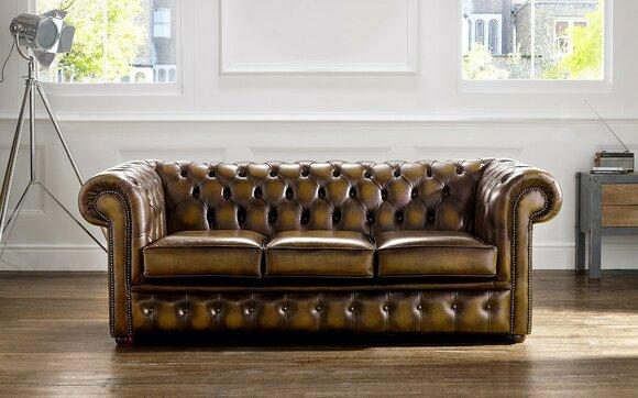 Classic Chesterfield Sofa 3-Seater Brown Faux Leather Shiny Upholstery Comfortable Couch