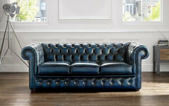 Classic Sofa 3-Seater Chesterfield With Buttons Dark French Blue Faux Leather Comfortable Couch New