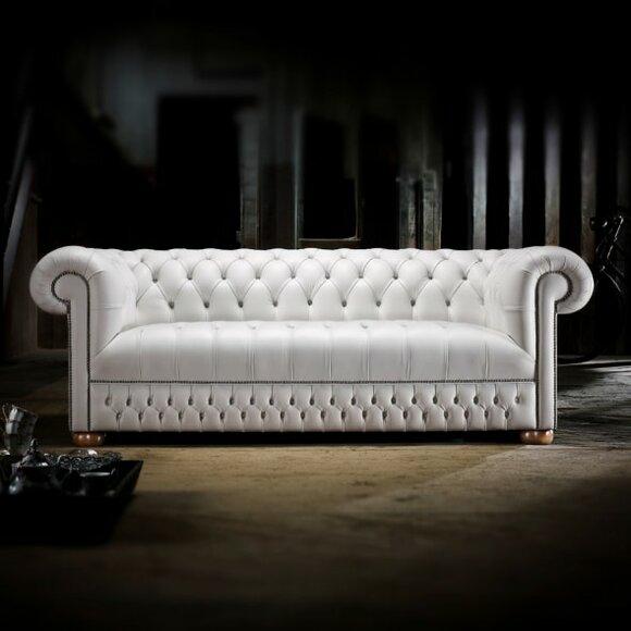 Chesterfield Sofa 3-Seater With Buttons Snow White Textile Wooden Feet Comfortable Couch