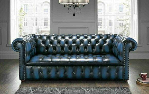 Chesterfield Classic 3-Seater Sofa Blue Faux Leather Rolled Armrest Couch Comfortable New