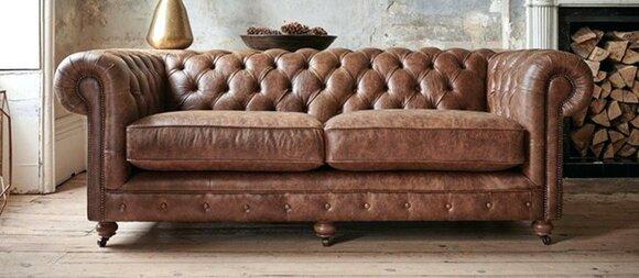 Antique style old look leather sofa 3 seater English style sofas couch new Comfortable Brown with Cushions