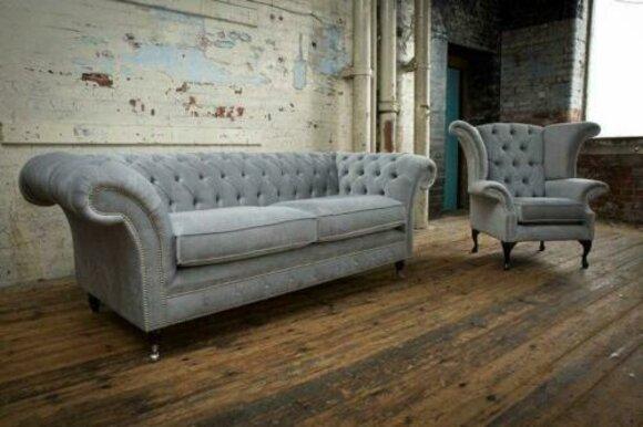 Chesterfield Sofa Set 3+2 Seaters + Wingback Armchair Upholstered Textile Fabric Grey With Cushions + Casters New
