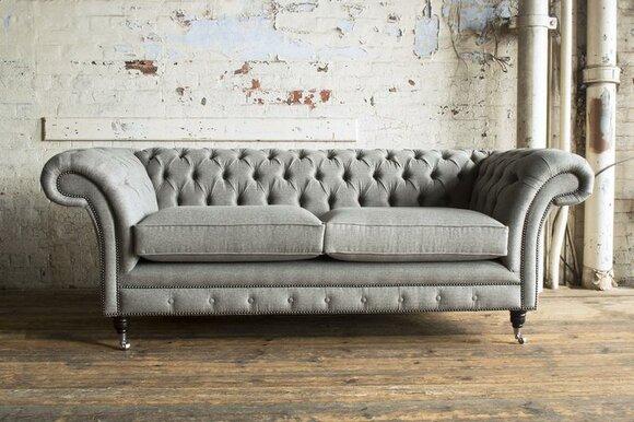 XXL sofa 3 seater couch Chesterfield upholstery seat set leather textile light grey